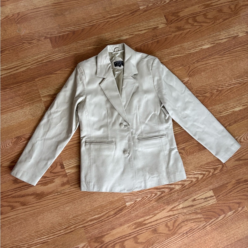Vintage Beverly Hills Leather Cream Leather Blazer Jacket 90s Minimalist Size L